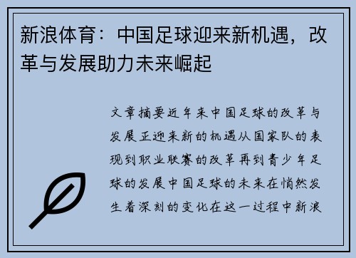 新浪体育：中国足球迎来新机遇，改革与发展助力未来崛起
